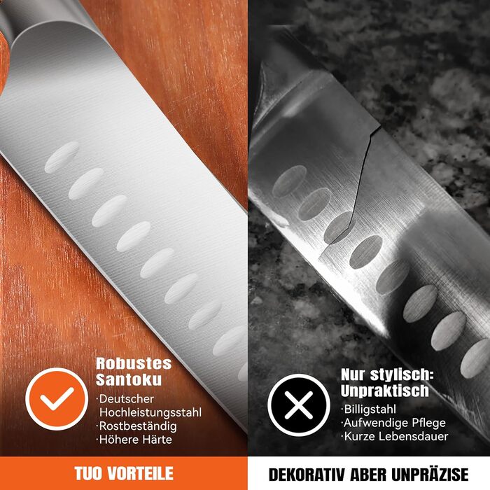 TUO Santoku ніж: професійний японський ніж з нержавіючої сталі, 18 см, ергономічна ручка з паккавуду, серія Fiery Phoenix