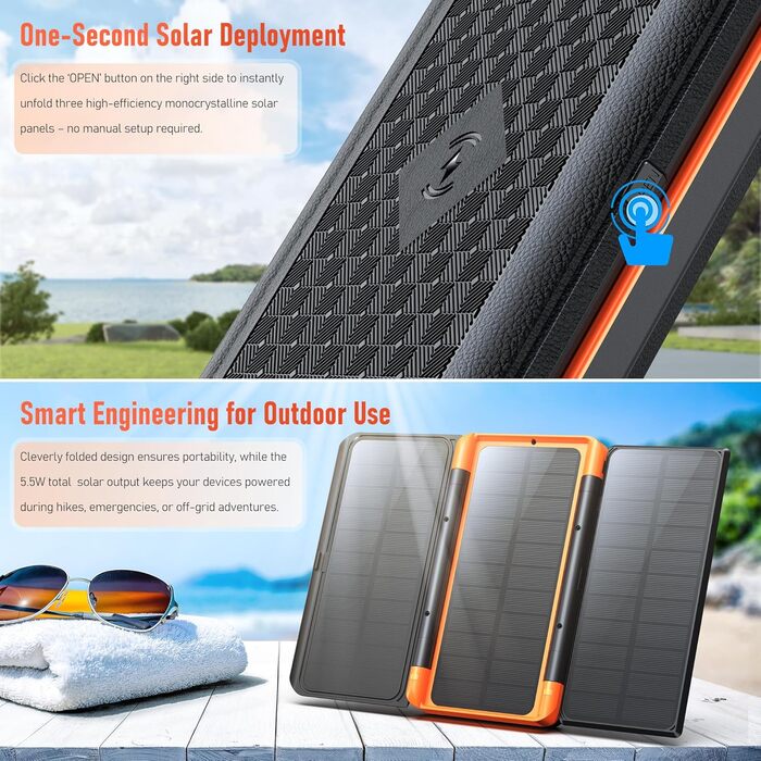 Портативний зарядний пристрій 63200mAh з сонячною панеллю: Power Bank з 3 сонячними панелями, 22.5W USB-C, швидка зарядка, SOS ліхтарик, цифровий дисплей, для кемпінгу, чорно-оранжевий
