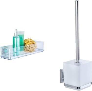 WENKO Vacuum-Loc® Bathroom Wall Shelf Quadro Maxi, with 2 tiers, 38.5 x 8.5 x 14.5 cm & Vacuum-Loc® Wall Toilet Set Quadro, toilet brush with open brush holder, 9.5 x 37 x 12.5 cm