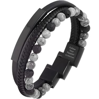 Чоловічий шкіряний браслет з тигровим оком та лавовим каменем | Ручна робота, гравірування, регульований магнітний замок | Чорний, коричневий, синій, срібний | Подарункова коробка