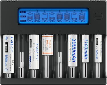 Інтелектуальна зарядка для акумуляторів 18650 з LCD-дисплеєм - 8 слотів, універсальна, з функцією розряду, для 18650, 26650, 16340, 21700, 14500, 17500, CR123A, AA/AAA