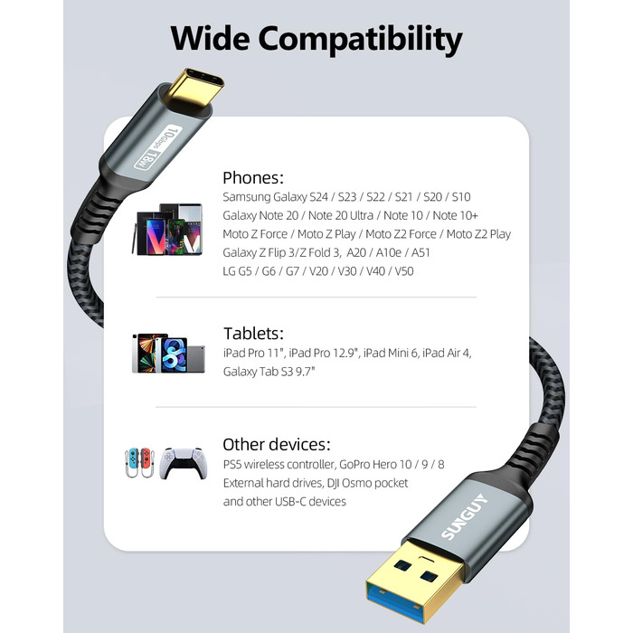 Кабель USB-C SUNGUY 30см, 10Gbps, USB 3.1 Gen 2, сумісний з iPhone 16/15 Pro Max, Galaxy S24, Google Pixel, Android Auto, Huawei P40/P30 (Сірий)