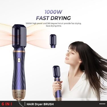 Фен та стайлер для волосся 6 в 1, Набір Airstyler з автоматичною завивкою, кругла щітка-фен, термощітка, фен, гаряча повітряна щітка, подарунковий набір мультистайлер для жінок, чорний (Z-blue)