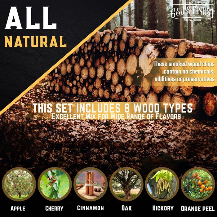 Набір для копчення віскі | Набір для копчення коктейлів | Набір для копчення бурбону | Набір для копчення Old Fashioned з потрійною запальничкою, 6 дерев'яних стружок та дерев'яною коробкою для копчення напоїв | Подарунок для чоловіків (без бутану)