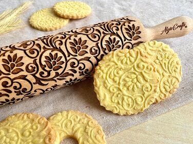 KLETTERBLUMEN Rolling Pin. Rolling pin with flowers for homemade pastries and ceramics. Engraved rolling pin with pattern for DIY kitchen, dough & cookies by Algis Crafts