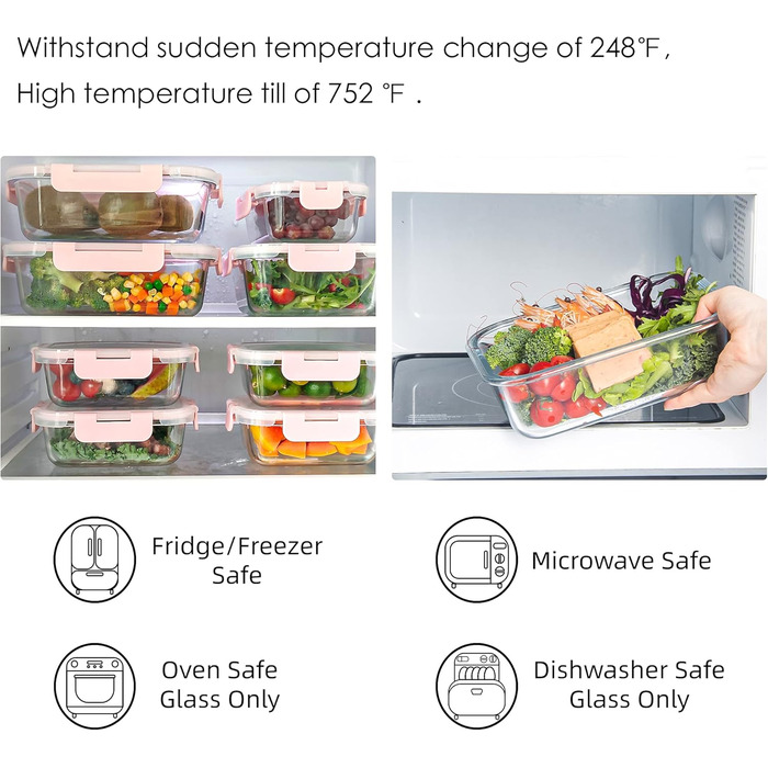 Набір з 10 скляних контейнерів для зберігання продуктів, з кришкою, BPA-Free, підходить для мікрохвильової печі, морозильника та посудомийної машини (Рожевий)