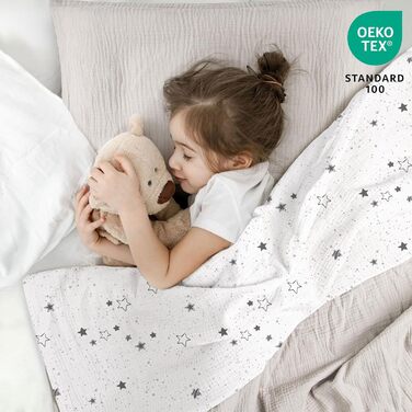 Набір постільної білизни для дитячого ліжечка Lulumoon з мусліну 100x135 см: простирадло 100x135 см + наволочка 40x60 см з бавовни Oeko-TEX Standard – легка та комфортна постільна білизна для малюків. Теплий сірий колір, зірки, 100x135 см + 40x60 см