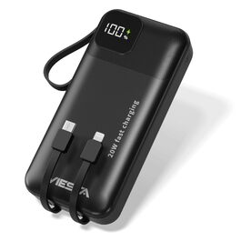 Універсальний повербанк All-IN-ONE 10000 mAh чорний: швидка зарядка 22.5W, PD 20W, бездротова зарядка 15W, зарядка для Apple Watch, вбудовані кабелі USB-C та Lightning, LED-дисплей, алюмінієва підставка