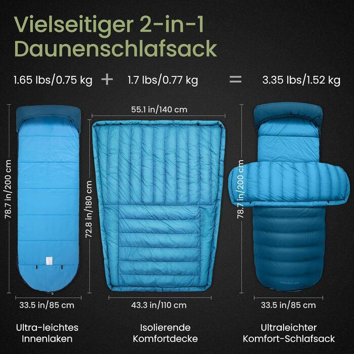ATEPA 3-Season Down Sleeping Bag - Recyclable 650FP, Lightweight, Removable Blanket, Packable Sleeping Bag for Adults - Backpacking, Hiking (Pro Blue, Quilt ThermaExtreme Pro Max)