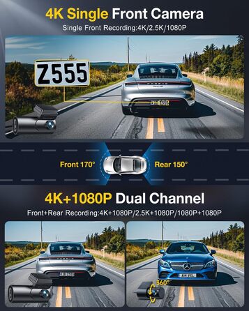 Відеореєстратор GKU 4K Dual з GPS, WiFi, ParkSurv, Нічне Бачення, WDR, 170° та G-Sensor. В комплекті SD-карта 64GB. Чорний