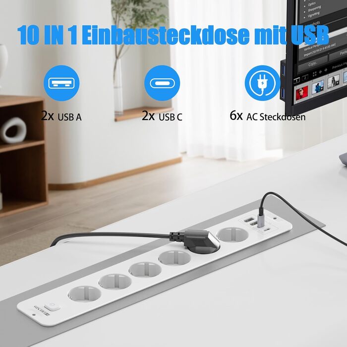 Мережевий фільтр 6-фазовий з USB-портами (4 USB-A, 2 USB-C), з вимикачем, білий, PD 20W