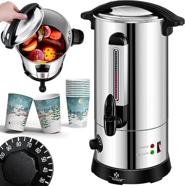 KESSER® 10L Stainless Steel Mulled Wine Warmer. Includes 10 Cups. Mulled Wine Cooker with Thermostat, Mulled Wine Dispenser, Hot Beverage Dispenser, Kettle, Hot Water Dispenser, Canning Device, Level Indicator, Tap.