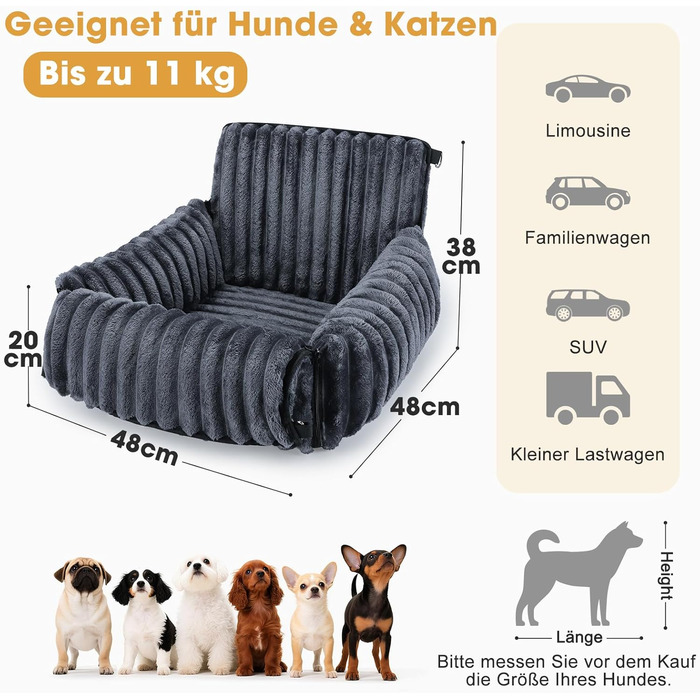 Mixjoy Dog Car Seat - Washable & Memory Foam - for Small to Medium Dogs - Rear & Front Seat - Grey