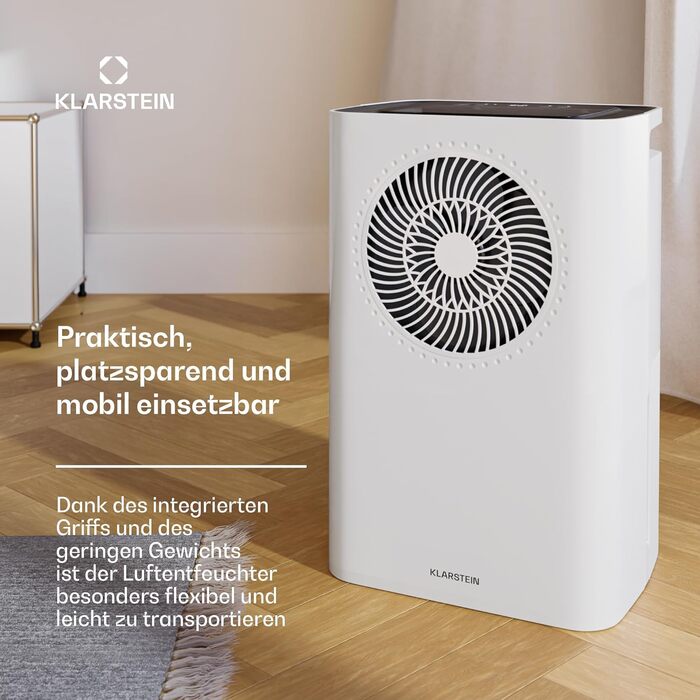 Зволожувач повітря Klarstein CircleDry 12L Smart з Wi-Fi, тихий (38dB), таймер 24г, безперервна злив, контроль вологості, для приміщень до 24м², білий