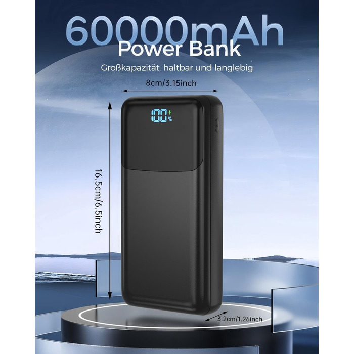 Потужний зовнішній акумулятор Power Bank на 60000 mAh, велика ємність, чорний