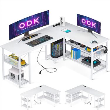 Ігровий стіл ODK L-подібний, кутовий, білий, з великою нішею для зберігання, 2 розетки та 2 USB-порти, 150×102 см