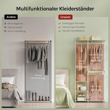 Вільна вішалка для одягу WOLTU з полицею, для спальні/коридору, стабільна, з дерева та металу, білий + світлий дуб