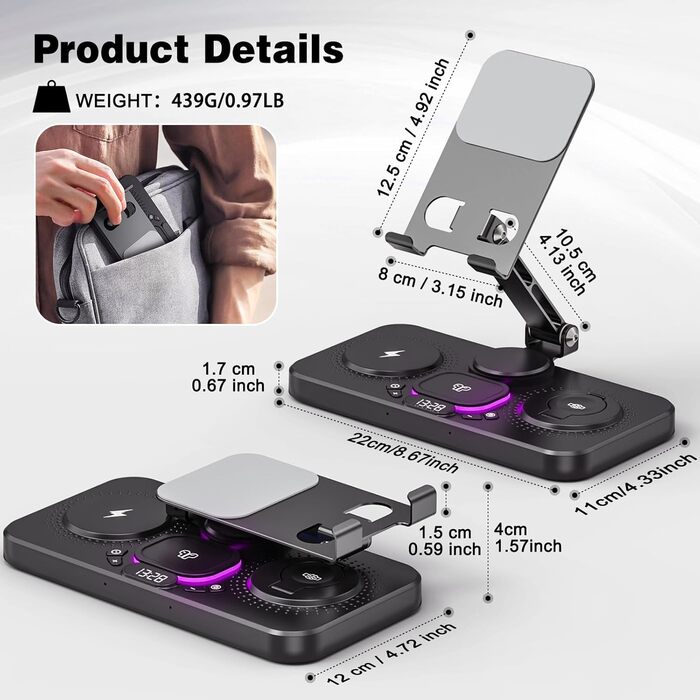 Бездротова зарядна станція 4-в-1 для iPhone, складаний тримач для планшета, індуктивне зарядне для iPhone 16/15/14/13/12/11 та iWatch