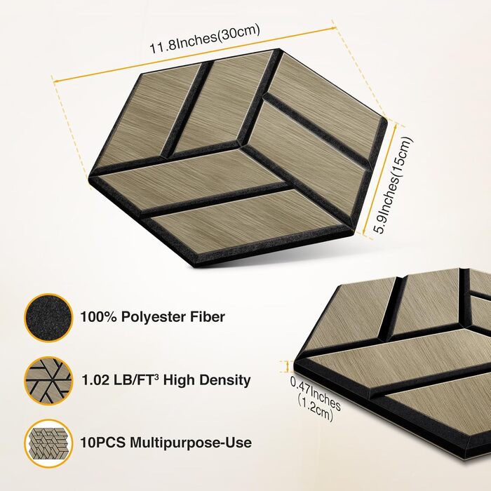 Акустичні настінні панелі JAMELO з шпоном горіха, самоклейні 3D гексагональні панелі для стін та стелі, 30x15x1.2 см, 10 шт, колір горіх