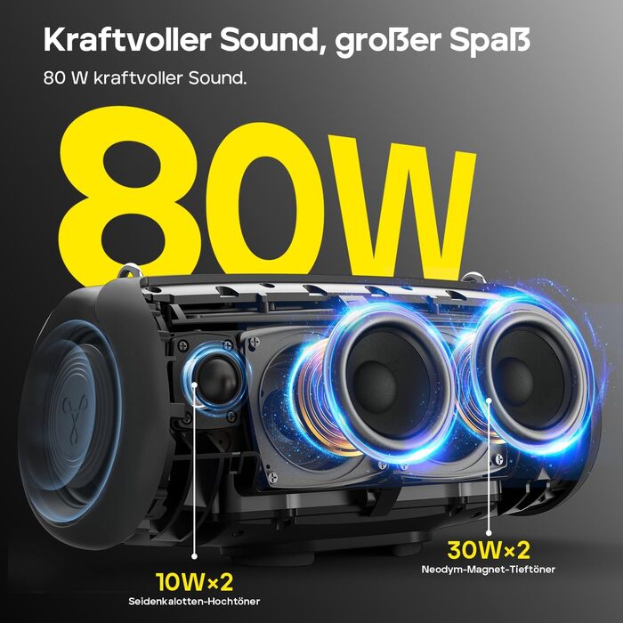 Tribit StormBox Lava: Портативна Bluetooth колонка 80 Вт, чорна. Водонепроникна (IP67), 24 год, Bluetooth 5.4, EQ, Bass Boost, TWS для вечірок, пляжу, кемпінгу