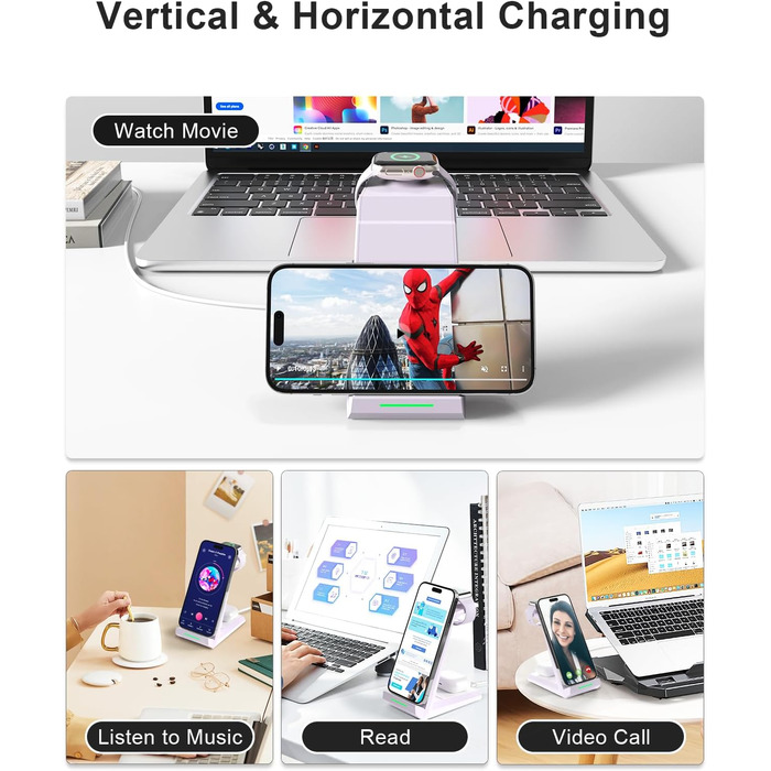 Бездротова зарядка 3-в-1 для Apple Watch, iPhone та AirPods Pro (білий/фіолетовий)