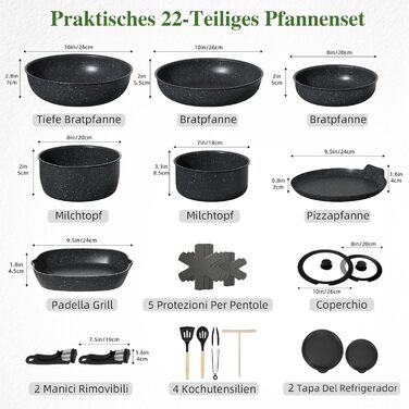 Набір каструль та сковорідок Induktion GMISUM 22 шт. з знімними ручками, для всіх типів плит, чорний
