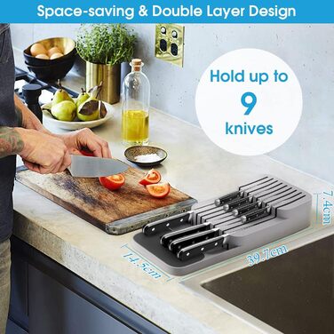 Органайзер для ножів у шухляду двоярусний, на 9 ножів, сірий - безпечне та компактне зберігання
