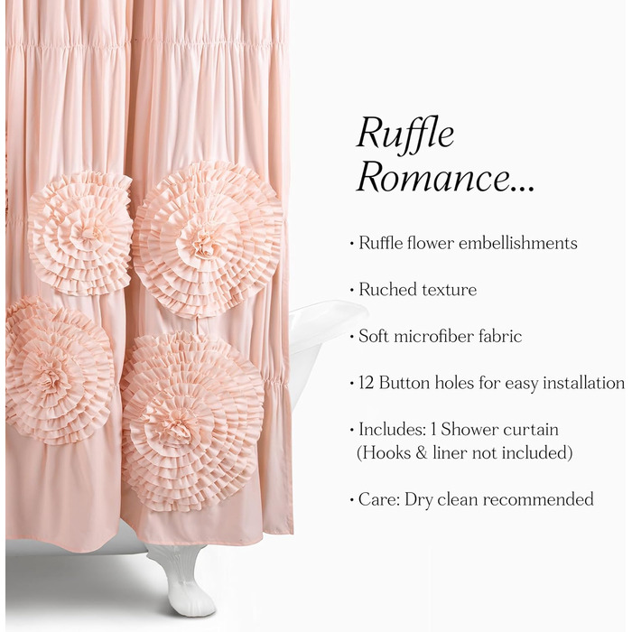 Шторка для душу Lush Decor Serena з рюшами, 183 x 183 см – красивий квітковий дизайн з рюшами, розкішна шторка, вінтажний гламур, стиль кантрі (рожевий, пудровий рожевий)