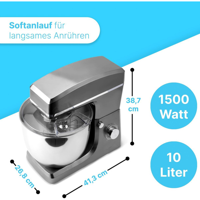 Планетарний міксер Clatronic KM 3765 XXL для випічки, чаша 10л, 1500Вт, тістомішалка з насадками та захистом від бризок (Титан)