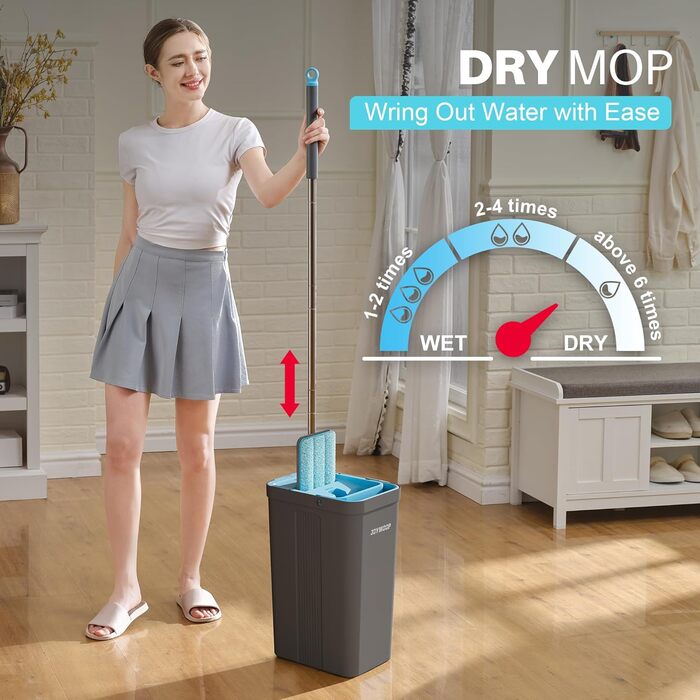 Набір для миття підлоги JOYMOOP з віджимом, моп для підлоги, набір для миття стін з довгим руків'ям, 6 мікрофібрових насадок - сірий + блакитний відро #2124 + плоский моп 60' + 6 мікрофібрових насадок