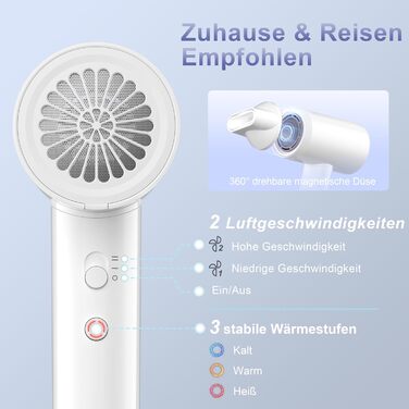 Фен YAPOY з іонізацією 200 млн іонів, 110 000 об/хв, швидке сушіння, менше завивань, інтелектуальне регулювання температури, тихий, легкий, для дорослих/дітей/домашнього використання/готелю/кемпінгу, білий