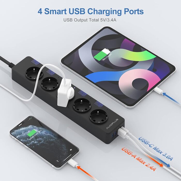 Мережевий фільтр Steckdoseleiste з індивідуальним керуванням, 5 розеток, 1 USB-C та 3 USB-A, захист від перенапруги (3680W/16A), дитячий замок, 3M кабель, чорний