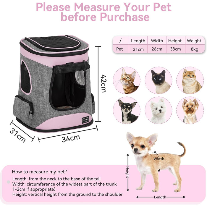 Рюкзак для кота та собаки Petsfit - зручний та дихаючий, для тварин до 5 кг (сірий та рожевий)