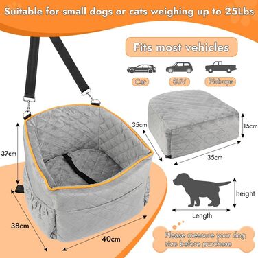 Memory Foam Dog Car Seat for Small Dogs (Under 11kg) - Elevated Design with Storage Pockets (Gray)