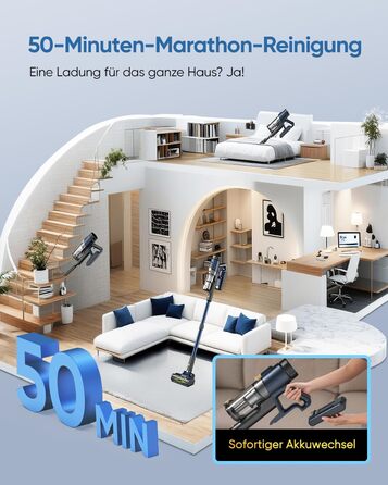 Бездротовий пилосос Vexilar V12 Akku: 50 хв роботи, 50 kPa, 450W, антизаплутування, легкий, безщітковий мотор, для твердих поверхонь, килимів, шерсті тварин, синій