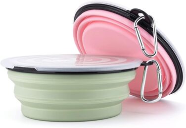 Складані годівниці для собак SLSON (2 шт.) з кришкою та карабінами. Зручні для прогулянок, подорожей та щоденного використання (L, блакитний, рожевий)