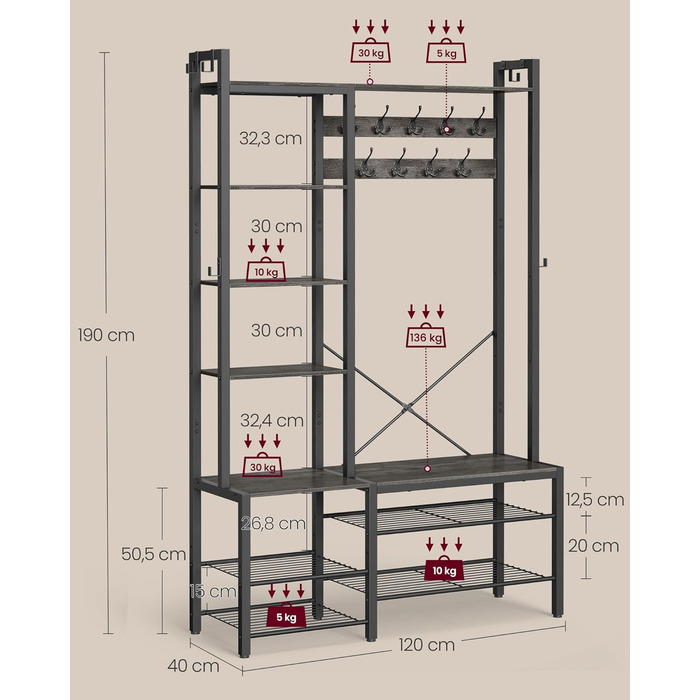 VASAGLE Coat Rack with Shoe Bench, Wardrobe, 5 Shelf Levels made of Particleboard, 9 Triple Hooks, 6 Side Hooks, 40 x 120 x 190 cm, Stone Grey-Ink Black HSR426B04