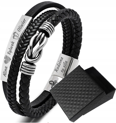 Чоловічий шкіряний браслет Cazz, чорний, хірургічна сталь, 22 см, з гравіюванням