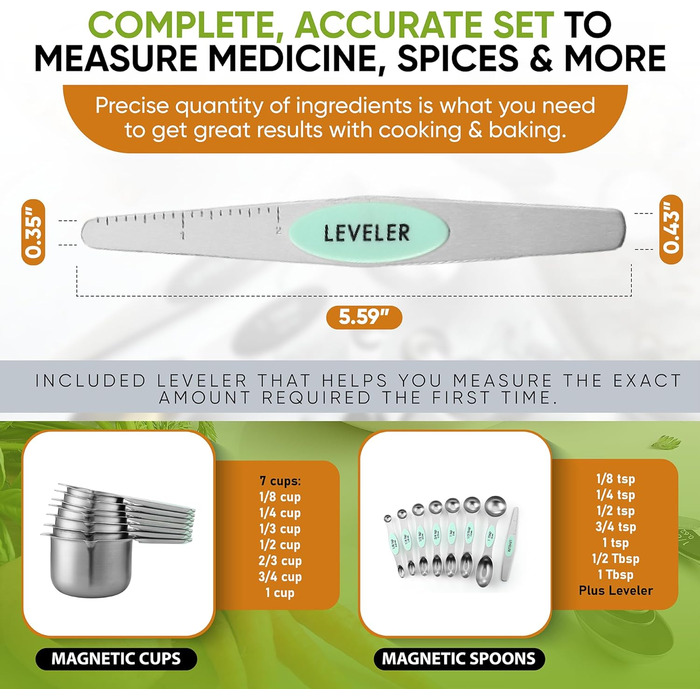Measuring cups and spoons, magnetic, mint green, 15 pieces