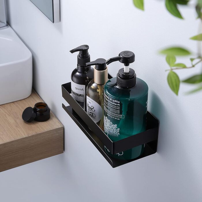 Регульована поличка для душу YIGII з нержавіючої сталі, чорна, 4 яруси, без свердління, з тримачем для зубних щіток, 63.5–290 см