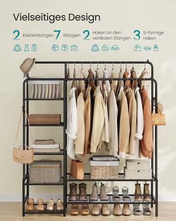 SONGMICS Стійка для одягу, відкрита шафа, вішалка для одягу з 7 полицями, металевий каркас, перекладина для одягу, для спальні, вітальні, передпокою, чорна HSR182B01, чорний, 115,8 см