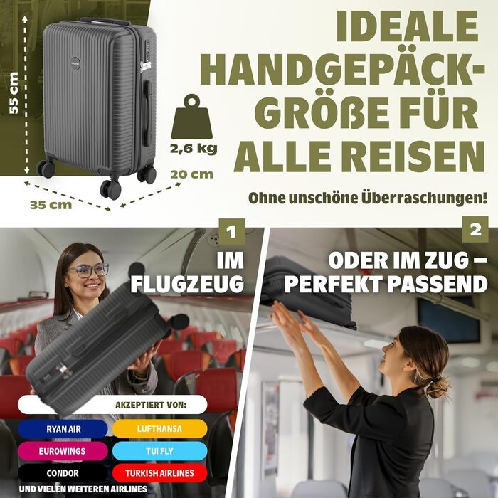 Чемодан ручної об'єм 55x40x20 см з телескопічною ручкою, ABS, з TSA-замком, чорний