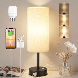 Нічна лампа сенсорна з димером та USB зарядкою, тканинний абажур (льон), для спальні, вітальні, дитячої, офісу, з лампочкою A-подібної форми, біло-чорна