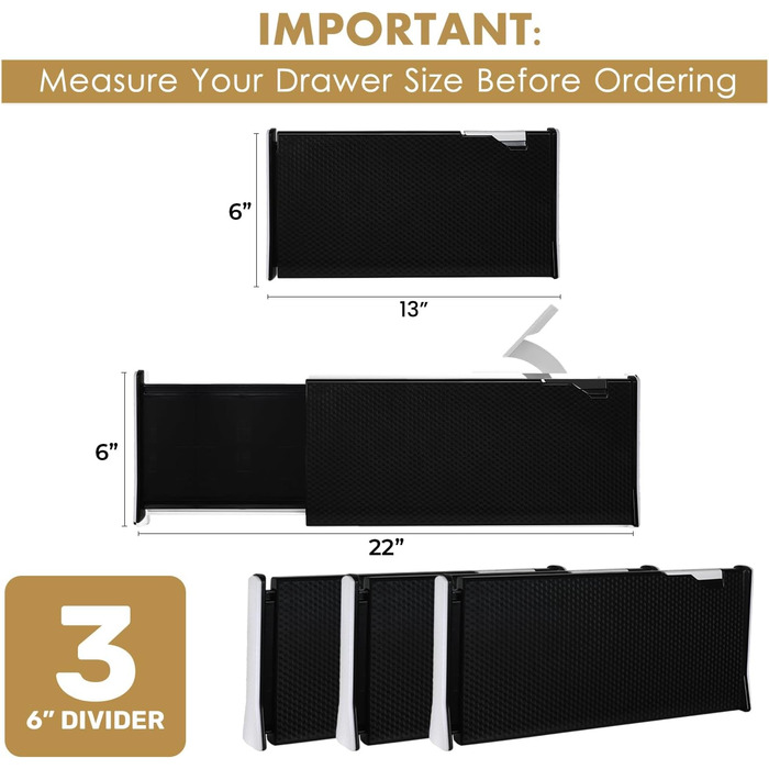 RAPTUROUS Expandable Extra Tall Wardrobe Drawer Dividers, 3 Pack, 15.2cm High Dresser Drawer Organizers, Adjustable Kitchen Drawer Organization, Bathroom, Office – Black