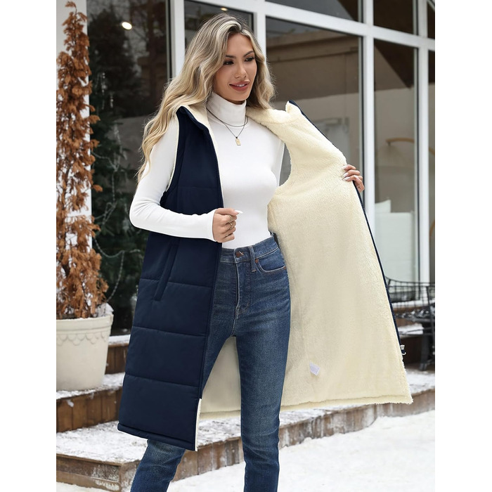 Жіноча степкова жилетка Vancavoo з капюшоном для осені/зими. Тепла жилетка з флісу, темно-синього кольору, розмір S.