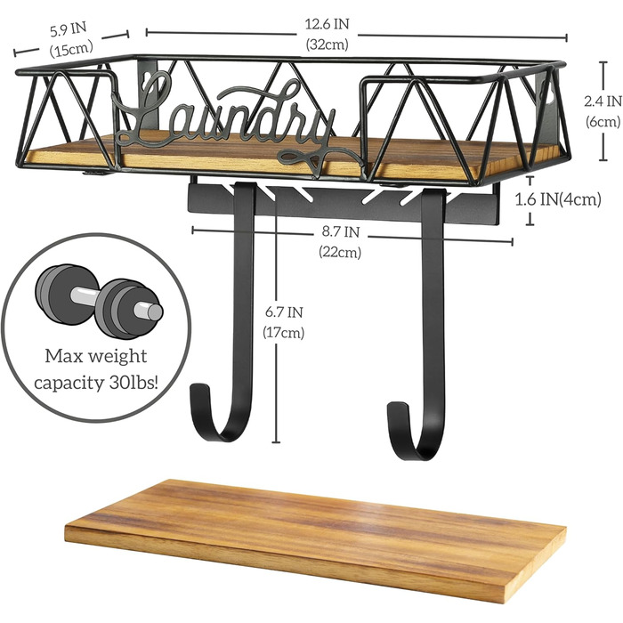 Підставка для прасувальної дошки PERFNIQUE з відкидною конструкцією, знімні гачки (T- та V-подібні), кошик з дерев'яною основою, декор у стилі фермерської кухні, органайзер для прання
