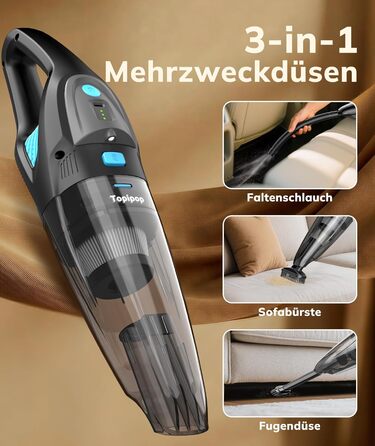 Акумуляторний пилосос Topipop Handstaubsauger 25000Pa з HEPA-фільтром для дому, авто, шерсті тварин (чорний)