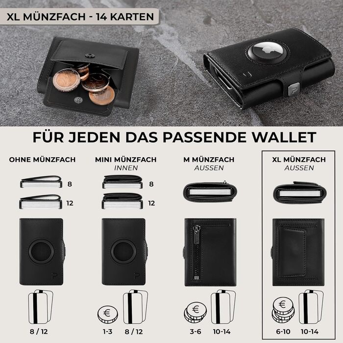 Чоловічий шкіряний гаманець PURISTO KLIK Classic Slim з відділенням для монет та RFID-захистом - компактний картхолдер для 10-14 карток (Чорний, AirTag XL)