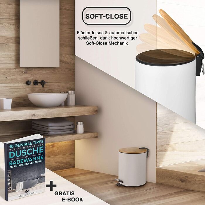 Смітник для косметики VMbathrooms з педаллю та бамбуковою кришкою, Soft-Close, 5 л, білий — для ванної кімнати та туалету