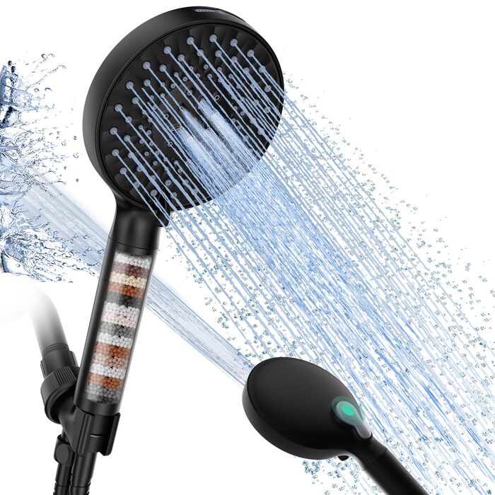 Душова лійка SR SUN RISE з фільтром, шланг та картриджі, 9 функцій, високий тиск, для жорсткої води, видаляє хлор, важкі метали, бактерії, чорний глянцевий колір